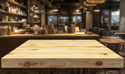 Aufkleber - Empty light wooden table top in blurred cafe background.