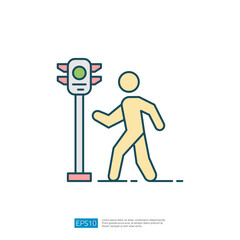 Poster - The image depicts a simple line drawing of a pedestrian walking near a traffic signal with a green light, indicating it's safe to cross.