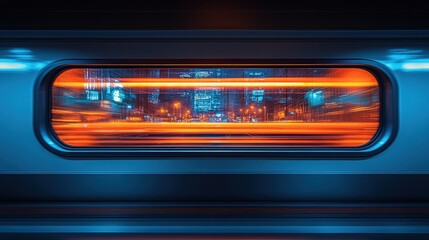 Poster - Dynamic Urban Night Scene with Colorful Light Trails Captured Through a Window Creating a Sense of Motion and Energy in a Modern Cityscape
