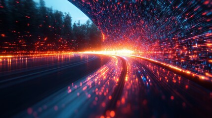 Poster - Futuristic Abstract Scene with Light Trails and Bokeh Effect Creating a Dynamic and Colorful Pathway Through a Digital Forest Landscape at Dusk