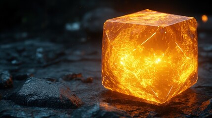 Poster - Glowing Orange Crystal Cube with Textured Surface Illuminating Dark Rocky Background in Digital Art Render, Ideal for Fantasy or Sci-Fi Projects