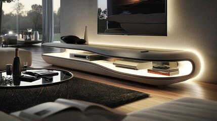 Poster - Contemporary modern living room with a modular gray sofa, textured area rug, and a floating entertainment unit with built-in LED lighting. interior design concept 