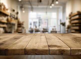 Poster - Empty wooden table in blurred shop background.