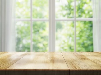 Poster - Wooden table against blurred window with green nature view.