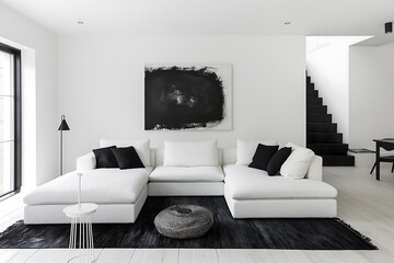 Wall Mural - Minimalist modern living room interior design with a black and white palette, featuring a low-profile sectional sofa and a striking monochrome abstract painting.