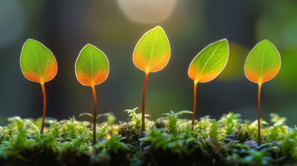 Wall Mural - Five vibrant green and orange sprouts emerging from moss, backlit by sunlight.