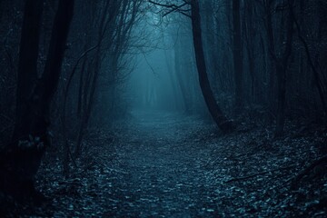 Poster - A narrow trail winds into a misty woods, enveloped by dark, tall trees. The ground is uneven, covered with fallen leaves, perfect for an adventure. Generative AI