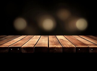 Poster - Dark wooden table against blurred lights background.