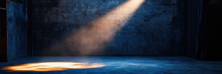 Poster - In a dark room, a beam of light hits the floor, creating an atmosphere of solitude and sparking creative potential. Generative AI