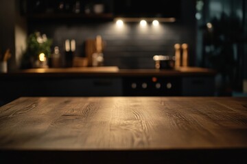 Poster - Dark wooden table in a dimly lit kitchen at night.