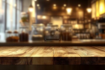 Poster - Empty wooden table in front of blurred coffee shop background. (4)