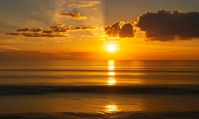 Wall Mural - serene sunset over calm ocean with scattered clouds