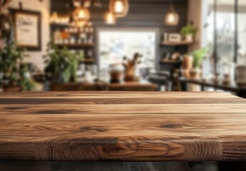 Aufkleber - Empty wooden table in blurry cafe background. (9)