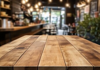 Aufkleber - Empty wooden table in blurred cafe background. (17)