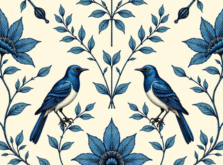 Vintage blue and white seamless pattern with birds and floral designs, perfect for elegant textiles and wallpapers