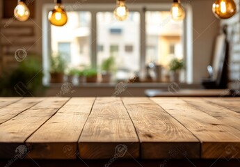 Poster - Empty wooden table in front of blurred cafe window.