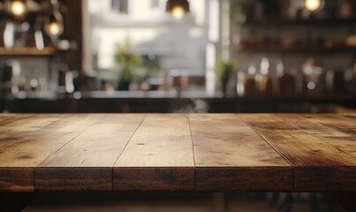 Poster - Empty wooden table in a blurred cafe background. (4)
