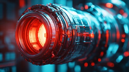 Poster - Close-up of a futuristic, metallic lens with glowing red core.