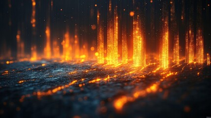 Poster - Abstract digital landscape with glowing orange and red particles rising from a dark surface, creating a mesmerizing atmosphere of heat and energy in an artistic interpretation.
