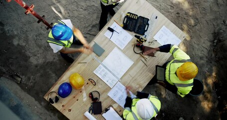 Poster - architects, meeting and hands together with city, planning and diversity with motivation and safety.
