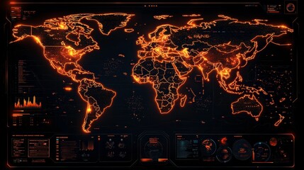Poster - High-Tech Global Map with Neon Orange Highlights Featuring Data Visualization Elements for Futuristic Concept Design and Digital Interfaces