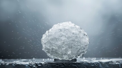 Large icy hailstone falling onto flat surface, glistening with water droplets, against a stormy sky backdrop. Natural beauty of perfectly round hailstone in motion.	