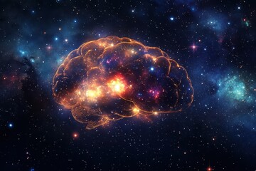 Aufkleber - A mesmerizing brain shape emerges from vibrant stars and galaxies, suspended in the endless expanse of deep space, inviting wonder and imagination. Generative AI
