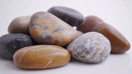 Poster - Close-up of assorted smooth, colorful stones against white, highlighting their natural beauty