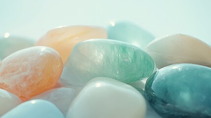Poster - Close-up of assorted smooth, colorful stones against white, highlighting their natural beauty