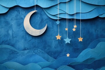 Poster - Delicate paper-crafted moon and stars dangle gracefully over layered blue textures, creating a magical holiday night atmosphere inviting imagination. Generative AI