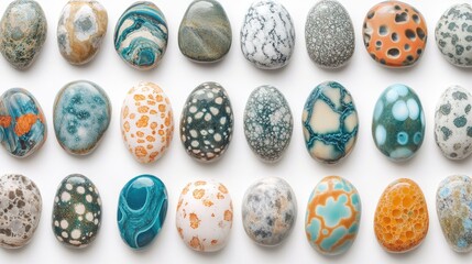 Poster - Colorful, smooth stones arranged on white background, showing unique patterns and textures