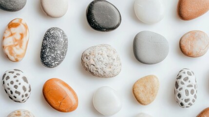 Poster - Colorful, smooth stones arranged on white background, showing unique patterns and textures