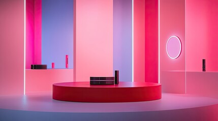 Fototapete - Glamorous tech showcase setup with a sleek red podium for luxury cosmetics, neon pink and blue lights illuminating a clean minimalist room