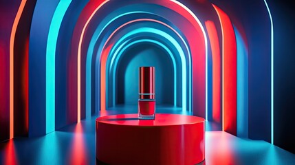 Fototapete - Glossy red podium featuring a cosmetic product, set in a vibrant neon-lit room with blue accents, creating a bold tech-inspired glamour vibe