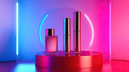 Fototapete - Glossy red podium in a minimalist empty room, showcasing sleek cosmetics with striking neon blue and pink light accents
