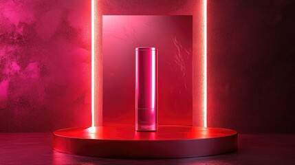 Fototapete - High-gloss red podium holding a stylish cosmetic item, surrounded by vivid neon lights in a minimalist setup, chic tech-inspired glamour