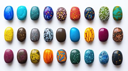 Poster - Neatly arranged collection of colorful stones, each with a unique pattern, set on white