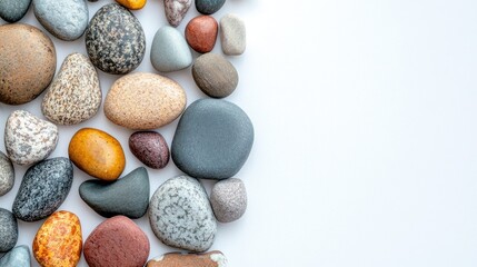 Poster - Smooth, colorful stones on a white backdrop, showcasing natural textures and varied hues