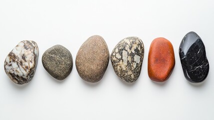 Poster - Smooth, colorful stones on a white backdrop, showcasing natural textures and varied hues