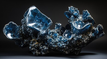 Poster - Stunning blue crystal cluster with shiny surfaces, revealing organic patterns and unique formations