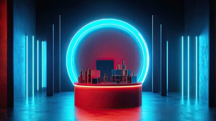 Fototapete - Tech-inspired showcase with a glossy red podium displaying luxury cosmetics, surrounded by neon blue lighting in a dark room
