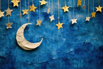 Poster - A whimsical display features a crafted moon and stars on strings, suspended over layered blue textures, perfect for festive decoration. Generative AI