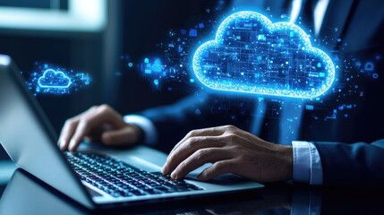 Fototapete - The setting of a businessman at his desk with a laptop highlights the integration of cloud technology in data management and networking, illustrating the modern digital w