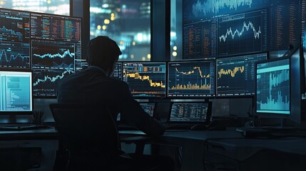 Poster - The scene highlights a professional engaged in assessing forex trading graphs, focusing on the complexities of business finance and investment opportunities in a modern o