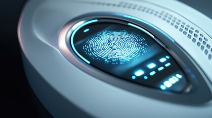 Fototapete - The image illustrates a biometric fingerprint scanner, showcasing futuristic technology designed for secure access to personal financial information, emphasizing surveill
