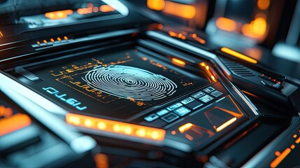 Fototapete - The image illustrates a biometric fingerprint scanner, showcasing futuristic technology designed for secure access to personal financial information, emphasizing surveill