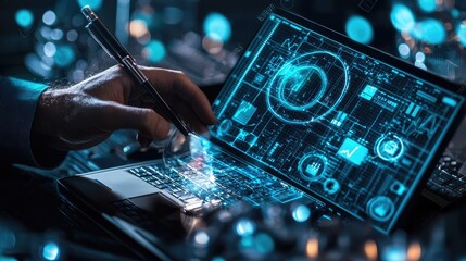 Aufkleber - A man utilizes a computer notebook to conduct data searches, highlighting the role of search engine optimization and the use of search consoles for efficient information