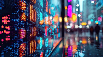 Poster - This scene captures a vibrant hologram of stocks, representing financial progress, set against a modern urban background.
