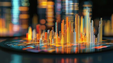 Leinwandbilder - This scene captures a vibrant hologram of stocks, representing financial progress, set against a modern urban background.