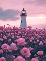 Wall Mural - Lighthouse with Pink Roses